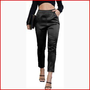 Satin Pleated Pull-On Pants High Waist Casual Tapered Trouser